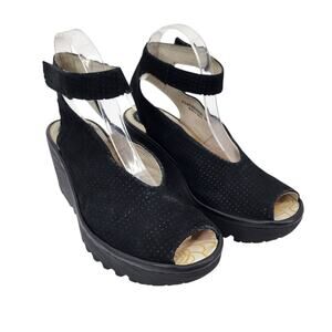 Fly London Black Yala376Fly Perf Peep Toe Perforated Wedge Sandals Size 38 Wide